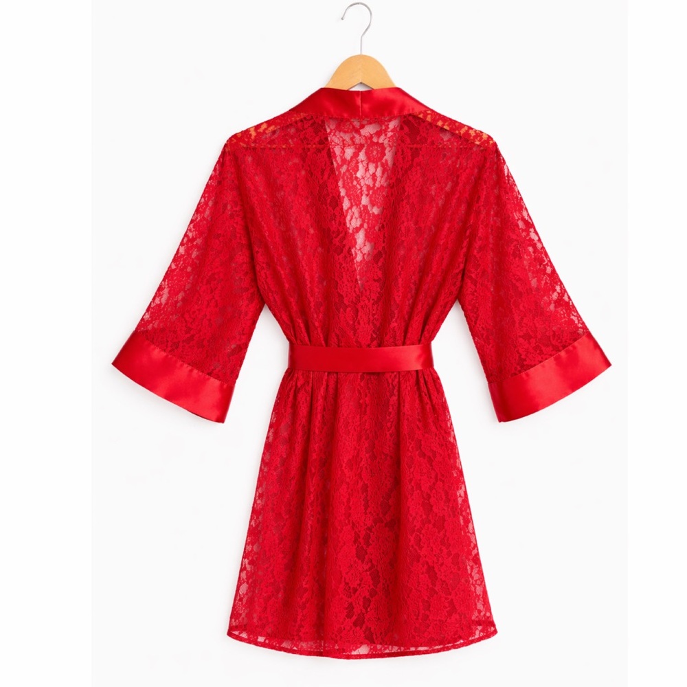 Vintage Victoria’s Secret Gold Label Red Lace Robe Kimono Sleeve Satin One Size - Picture 3 of 10